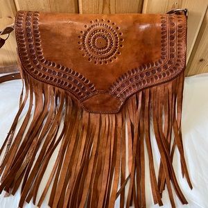 Large Leather Hand Carved Purse with Fringe